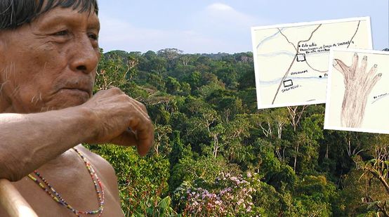 Indigenous man in front of rainforest