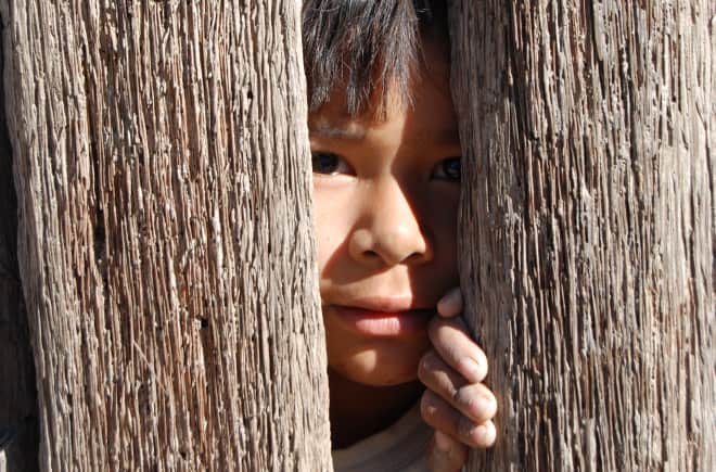 A child peeking through two wooden planks