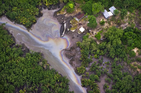 Aerial view of an oil spill on a river in Nigeria