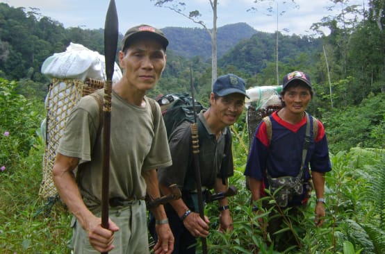 Three indigenous men in the jungle of Sarawak