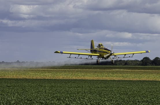 A single-engined light plane sprays pesticides over a soy plantation