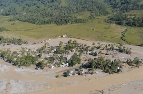 Aerial view of a flooded village