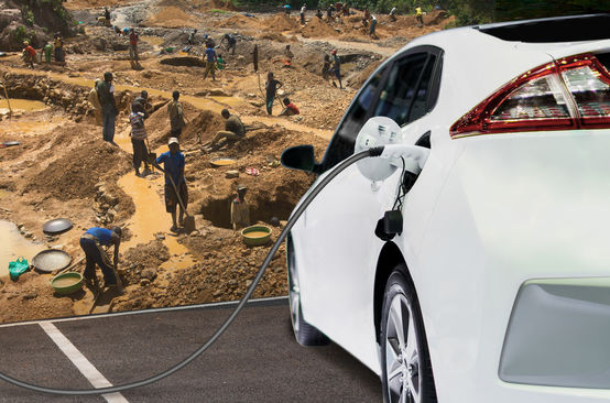 Montage of miners in Congo and electric vehicle