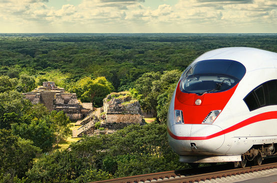 Montage of high-speed train and Mayan ruins: Ek Balam in Yucatán