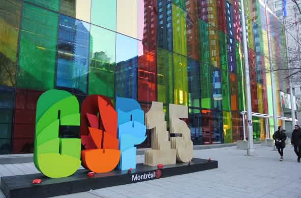 COP15 logo in front of the conference center in Montréal