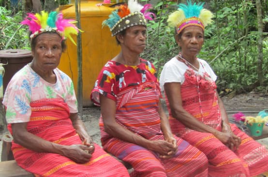 Three women dressed in red fabric and colorful feather headdresses