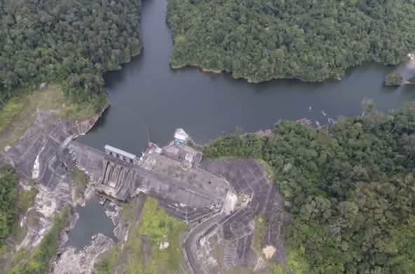 Aerial view of the PLTA Batang Toru dam in 2025