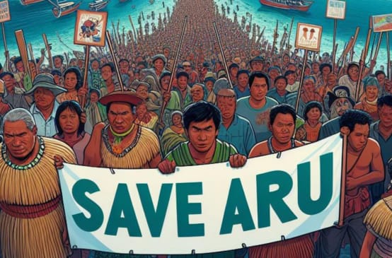 Graphic of crowd with "Save Aru" banner, ocean and ships in background