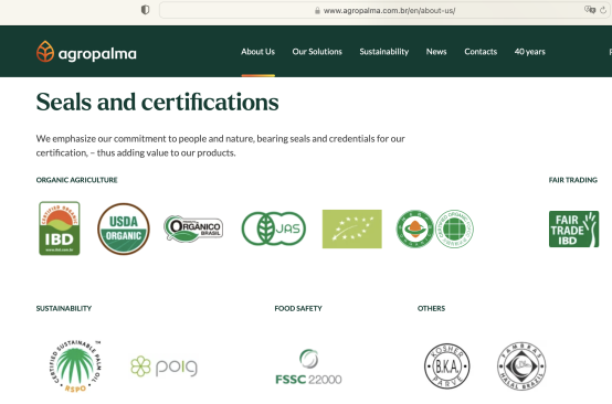 Screenshot with the logos of the different seals granted to Agropalma