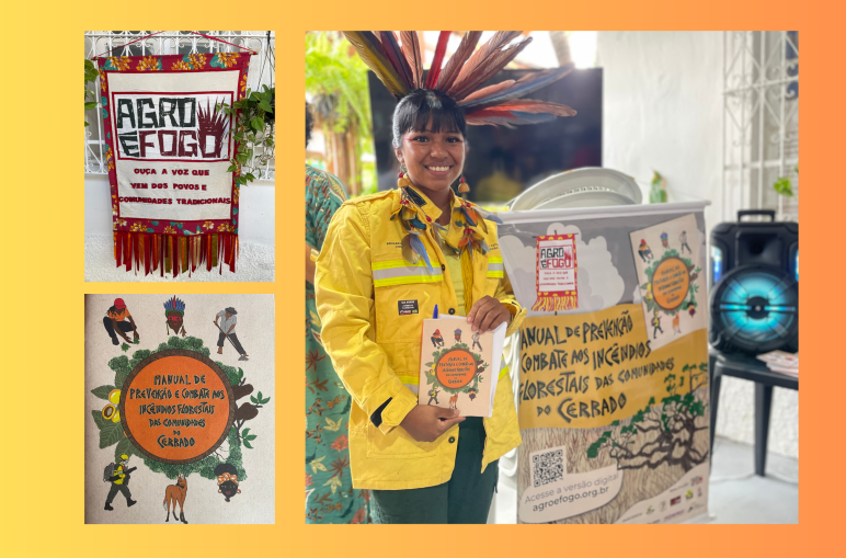 A young Indigenous woman wearing a feather headdress and a yellow protective jacket presents the Agro é Fogo firefighting manual
