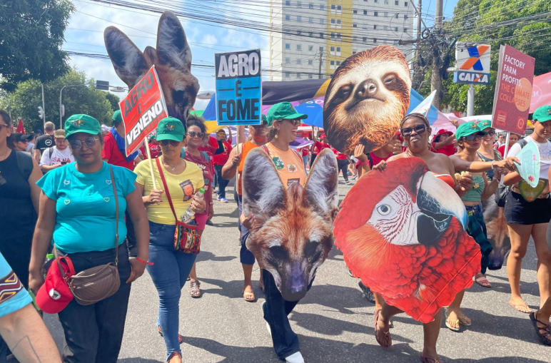 Demonstrators in a street carrying placards with pictures of animals