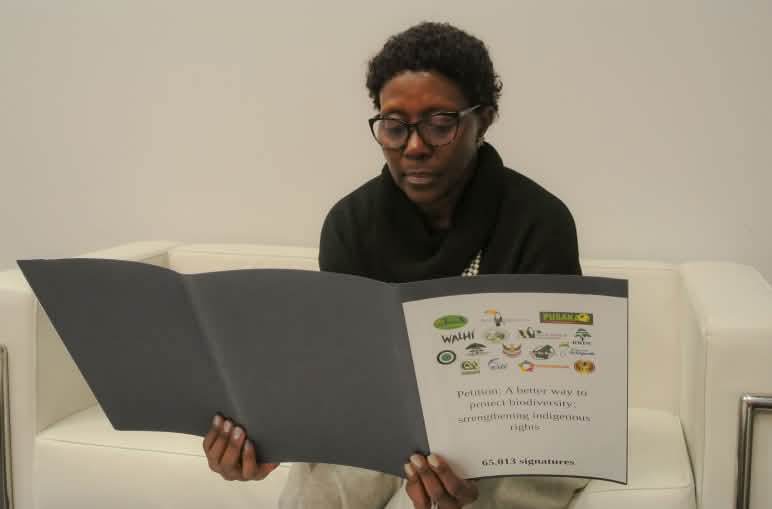 Elizabeth Maruma Mrema reading Indigenous rights petition