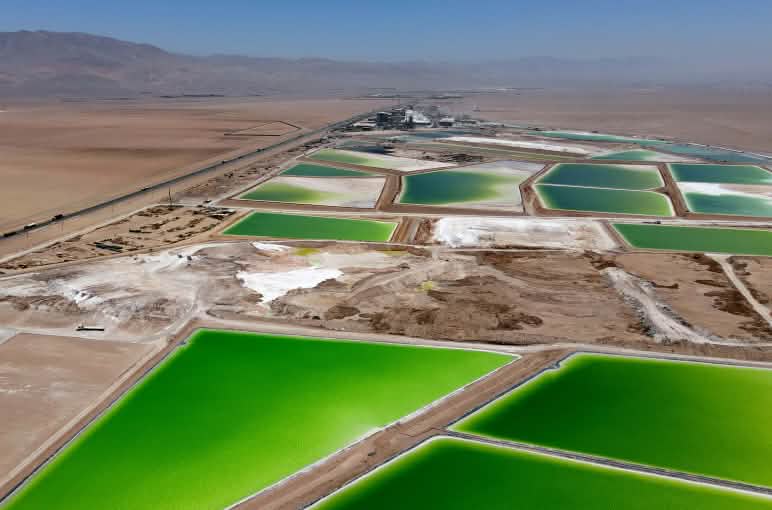 Aerial view of the lithium carbonate plant in the salt flat El Carmen, Antofagasta, Chile