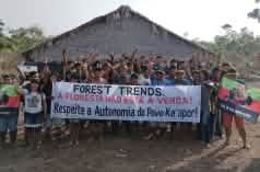 A group of Indigenous people with protest banners in front of a hut covered with palm fronds