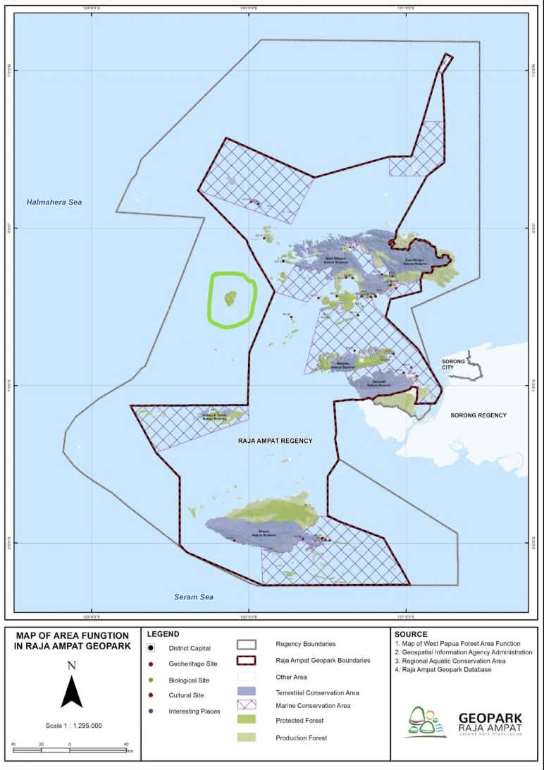 The island of Gag (green circle) is part of the Raja Ampat archipelago, it lies outside the Geopark (boundaries in purple) Map of Raja Ampat Geopark