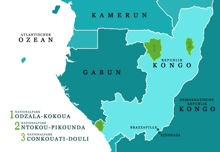 Map of the Republic of Congo and neighboring countries showing the three national parks