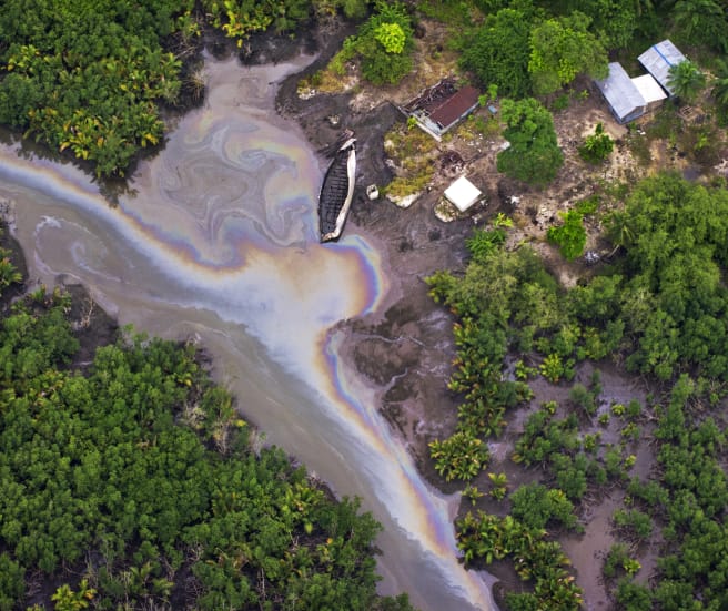 Aerial view of an oil spill on a river in Nigeria