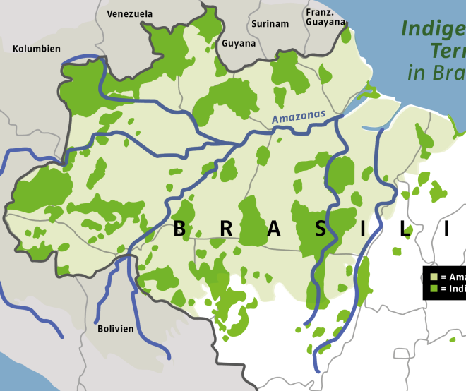 The Brazilian Amazon (light green) and the indigenous territories in Brazil (dark green) (© RdR) The Brazilian Amazon with highlighted indigenous territories