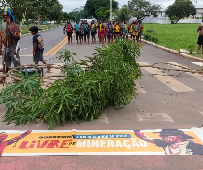 Indigenous people are blocking a road, with a line of people in the background and branches and a protest banner in the foreground