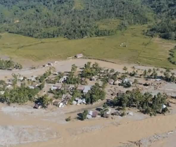 Aerial view of a flooded village