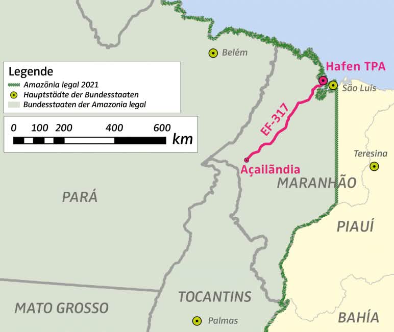 Map of the north-eastern part of the legal Brazilian Amazon region (Amazônia legal 2021) with the location of the TPA port and the EF-317 rail line (source: IBGE, GPM) Map with location of the port TPA and the freight railway EF-317 to Amazonia legal in Brazil