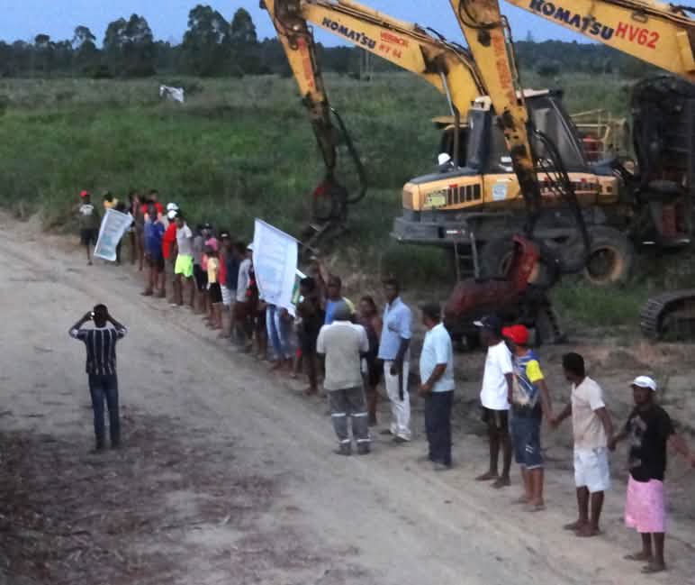 20 people with banners standing in a row in front of heavy timber harvesting machines