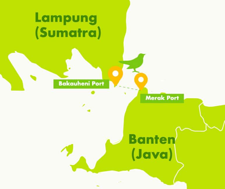 Bakauheni in Lampung province in Sumatra is the main port for bird smugglers Map detail of Lampung province in Sumatra and Banten province in Java