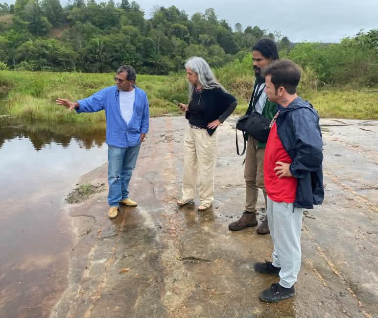 Four people looking at a body of water from the shore