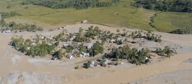 Aerial view of a flooded village