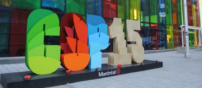 COP15 logo in front of the conference center in Montréal