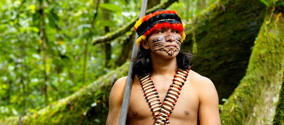 An indigenous man wearing feathers and a painted face standing in the forest with a blowpipe