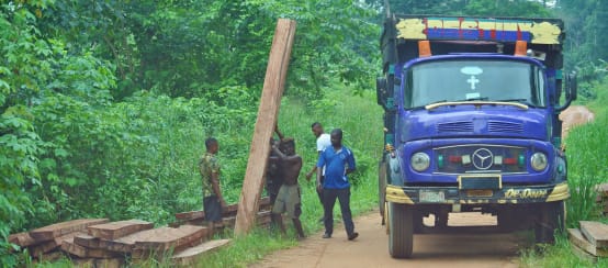 Men loading timber onto a truck