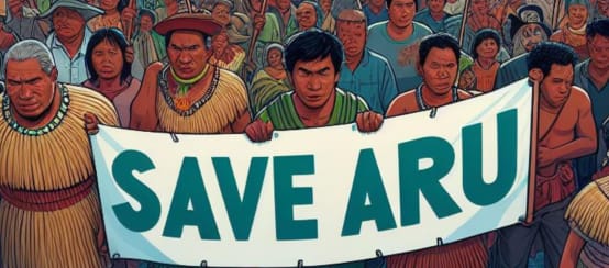 Graphic of crowd with "Save Aru" banner, ocean and ships in background