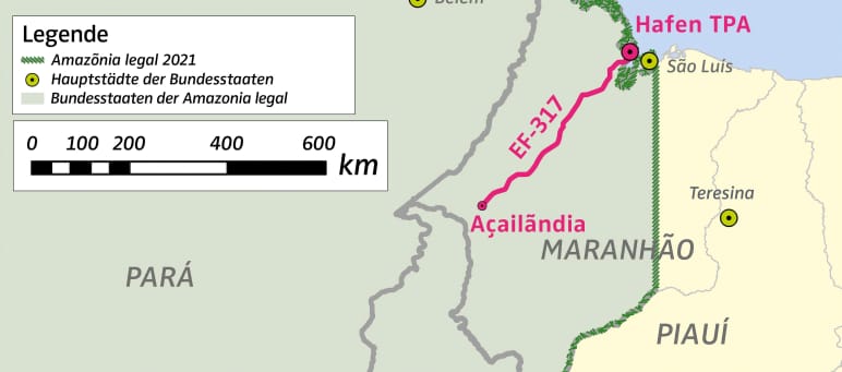 Map with location of the port TPA and the freight railway EF-317 to Amazonia legal in Brazil