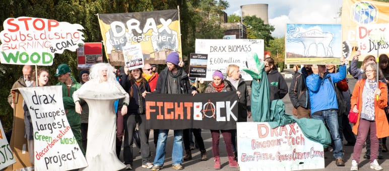 Protest in North Yorkshire against Drax, the world’s largest wood-fired power station Protest against biomass power station
