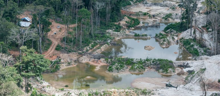 Aerial view of iIlegal gold mine in Brazil