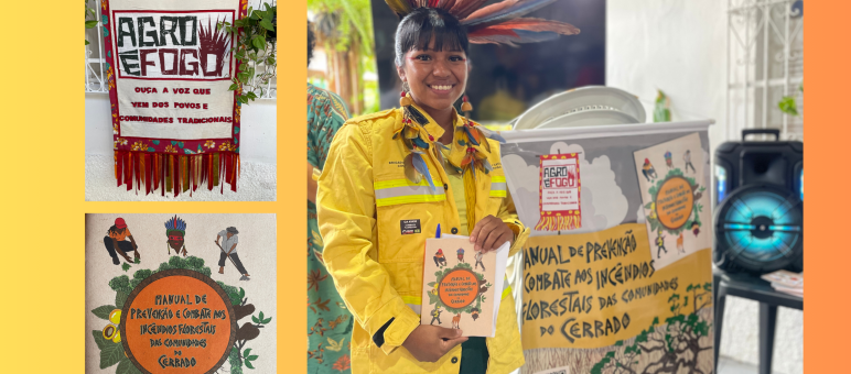 A young Indigenous woman wearing a feather headdress and a yellow protective jacket presents the Agro é Fogo firefighting manual