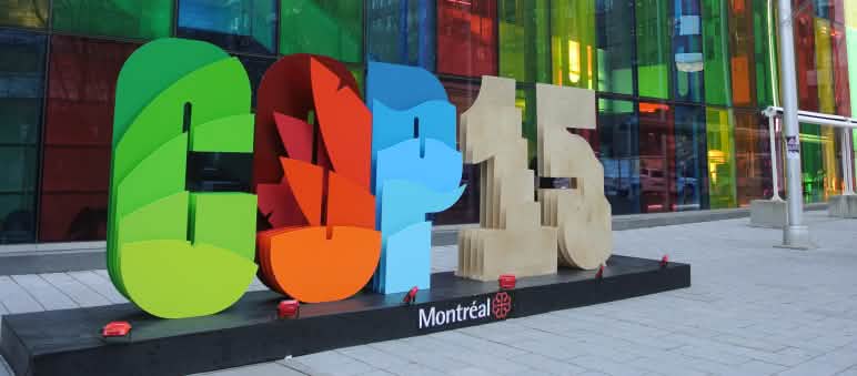 COP15 logo in front of the conference center in Montréal