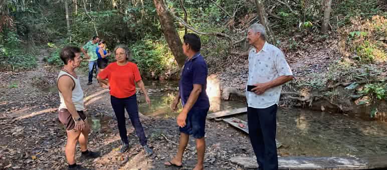 A group of people standing at a water source in the rainforest