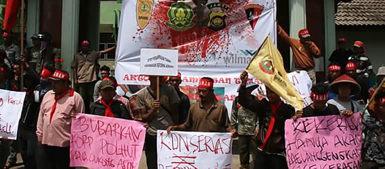 Protest against palm oil companies on Sumatra Protesters walk with banners against oil companies