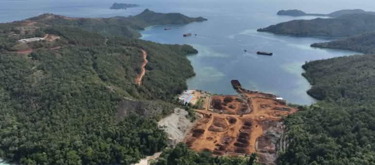 Aerial view of a nickel mine on a small island