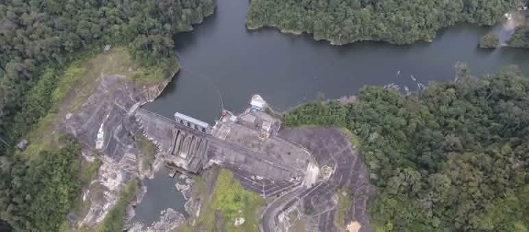 Aerial view of the PLTA Batang Toru dam in 2025