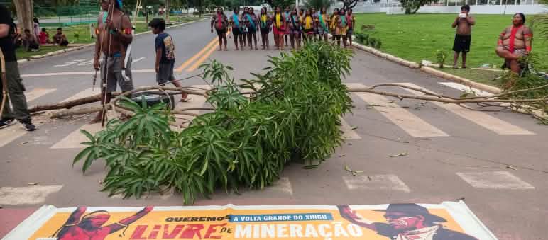 Indigenous people are blocking a road, with a line of people in the background and branches and a protest banner in the foreground