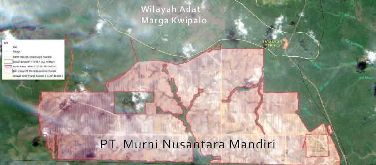 Map showing clear-cut area for MNM sugarcane plantation and traditional land of the Kwipalo people