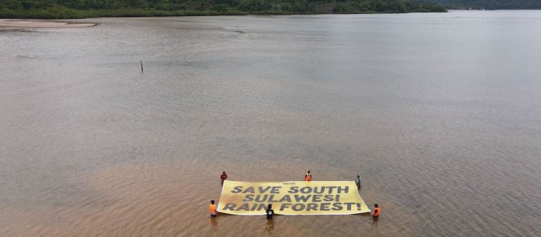 Protesters with a banner on polluted lake Mahalona