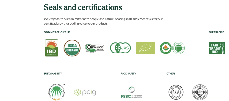 Screenshot with the logos of the different seals granted to Agropalma
