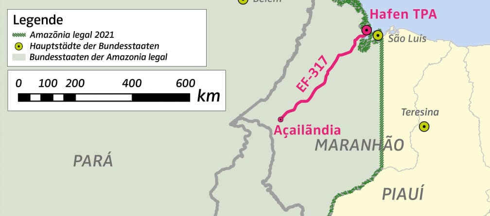 Map with location of the port TPA and the freight railway EF-317 to Amazonia legal in Brazil