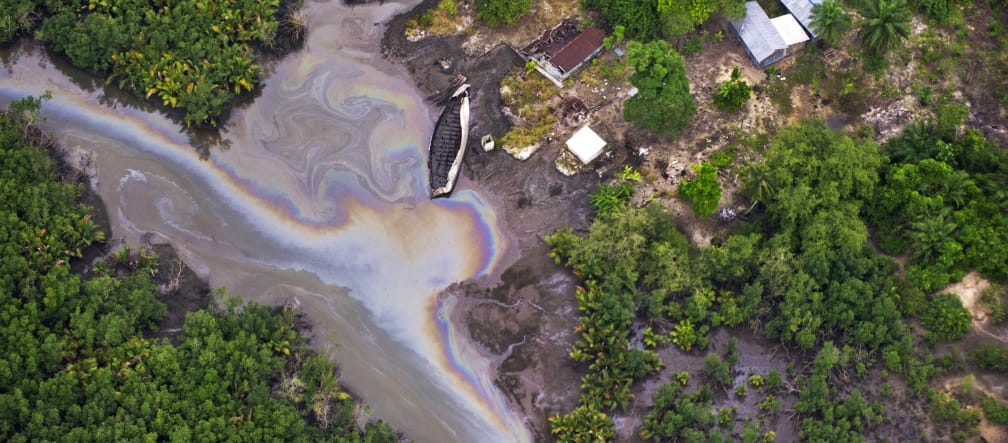 Aerial view of an oil spill on a river in Nigeria
