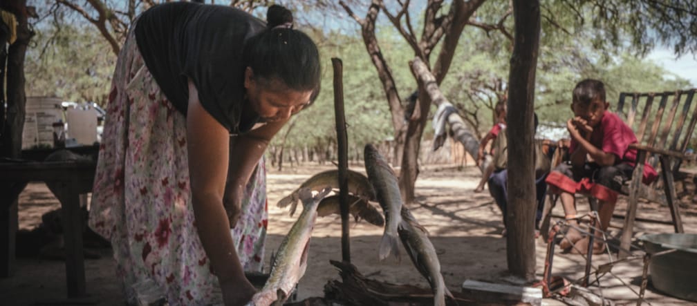An Indigenous woman prepares to grill fish while a child looks on