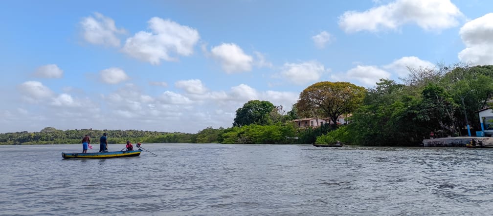 Under a blue sky, a small boat sails out to sea with three fishermen. To the right are small houses in the middle of a forest.